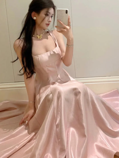 Satin Midi Dresses for Sleeveless High Waist Evening Party Dress A-line Prom Robe Korean Summer Vestidos