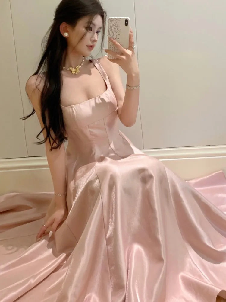 Satin Midi Dresses for Sleeveless High Waist Evening Party Dress A-line Prom Robe Korean Summer Vestidos