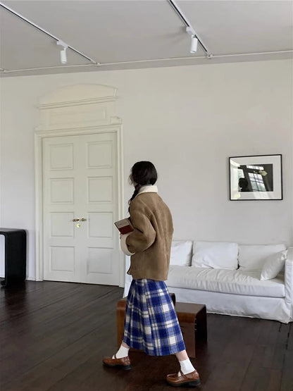 Japan Preppy Plaid Skirts for Woman Autumn Winter Woolen Plaid Pleated Long Skirt Aline Woolen Umbrella Skirt