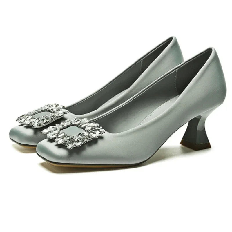 Rhinestone Satin Pumps Square Button Low Heel Office Shoes Crystal High Heels Dress Shoes