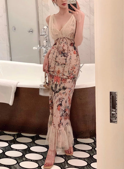 French Y2k Vneck Midi Dress Evening Party Dress Beach Style Retro One Piece Dress Korean