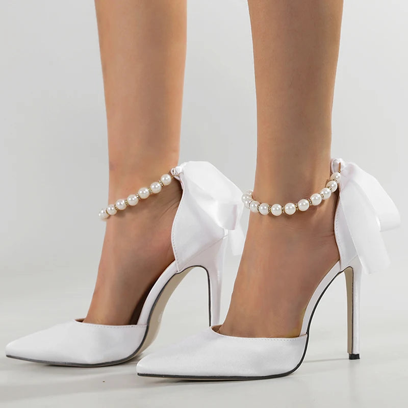Designer String Bead Buckle Strap Pumps Sandals Street Style Pointed Toe Thin High Heels Party Dress Shoes