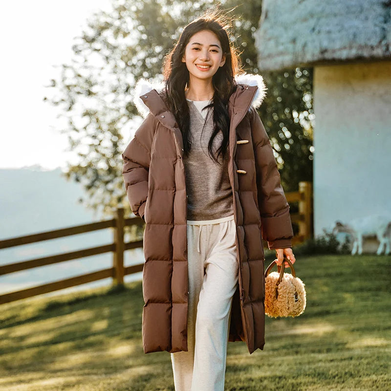 Down Jacket Long Length Three-proof Windproof Loose Winter New Warm Fur Collar Hooded Coat Down Jacket