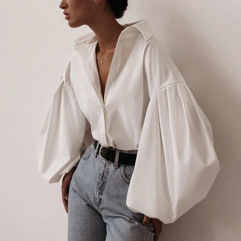Autumn Lantern Long Sleeve Blouse Shirt Basic Top Turn Down Collar Office Lady White Shirt Tops Blusas