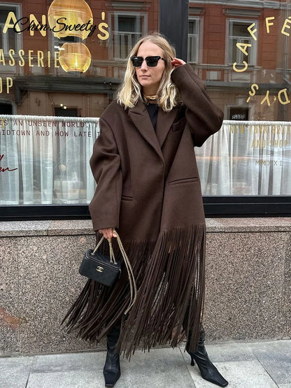 Woolen Tassel Long Coat Brown Single Breasted Long Sleeve Lapel Loose Jacket Spring High Street Outerwear