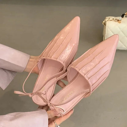 Pointed Pleated Low Heel Shallow Slingback Shoes New Brand Designer Lace Office Mule Shoes