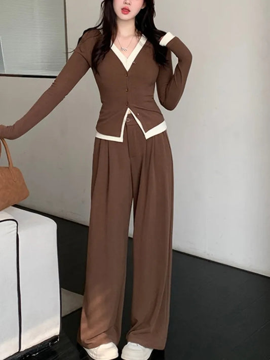 Autumn Two-piece Pants Set Long Sleeves V-neck Single Breasted Top Wide Leg Pants Korean Outfits New