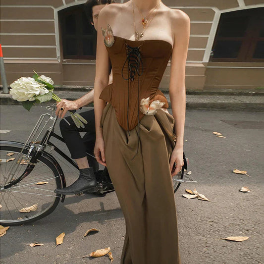 Butterfly Detail Strapless Long Dress Aesthetic Detachable Corset Top Maxi Dresses