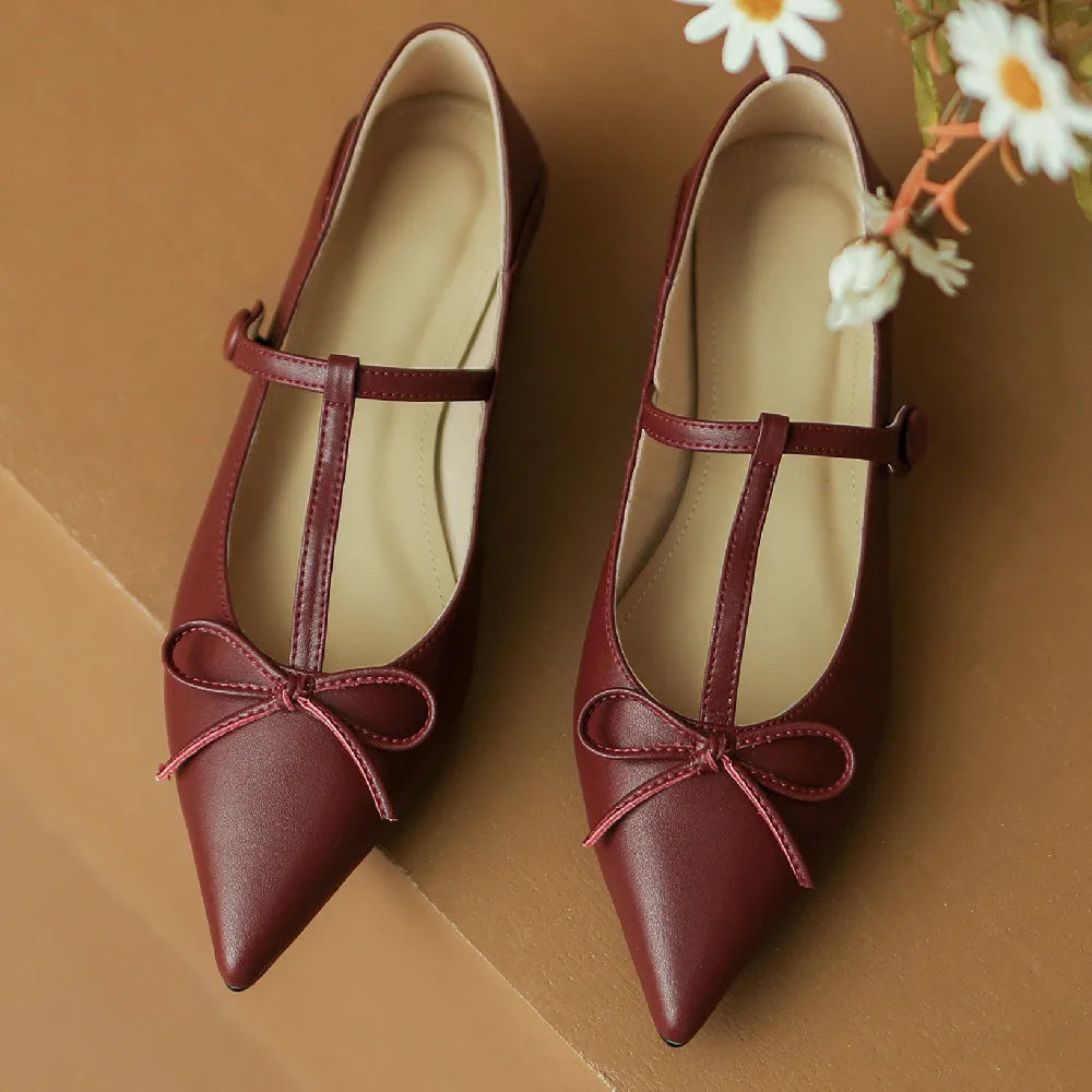 Genuine Leather Pointed Toe Tstrap Ballet Flats Single Shoes Soft Comfortable Female Sprinng New Ballerians