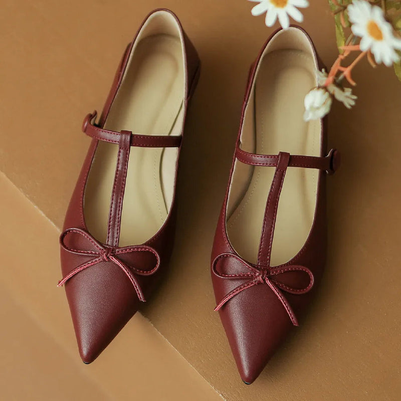 Genuine Leather Pointed Toe Tstrap Ballet Flats Single Shoes Soft Comfortable Female Sprinng New Ballerians
