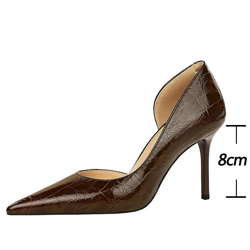 Shoes 8 Cm Patent Leather Design Pumps Pointed Side Hollow Retro High Heels Stilettos Party Shoes 43