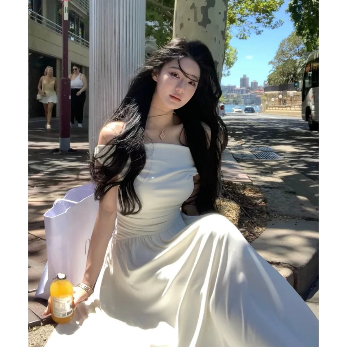 White Long Dresses Fairycore Slash Neck Inclined Shoulder Vestidos Summer Laceup Ruched Trumpet Dress