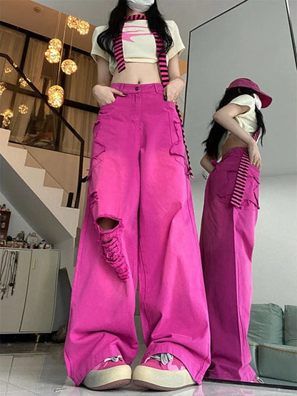 Ripped Jeans for High Waist Y2k Loose Star Korean Hip Hop Hole Wide Leg Denim Pants Harajuku Summer Slacks
