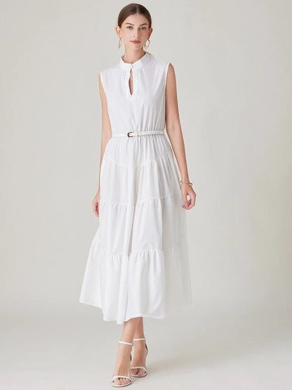 Simple Long Dress for Sleeveless Pearls Stand Collar Belt Ruffles Evening Wedding Party Vacation Vestidos