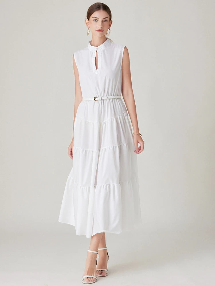 Simple Long Dress for Sleeveless Pearls Stand Collar Belt Ruffles Evening Wedding Party Vacation Vestidos
