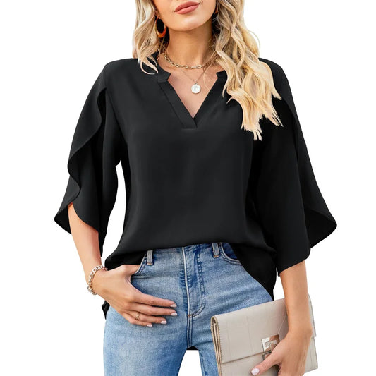 Summer Style Blouses Shirts Lady Short Flare Sleeve V-neck Color Blouse Tops