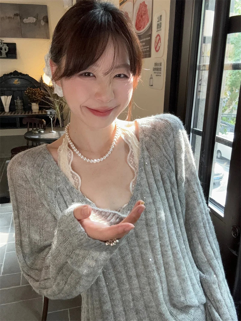 Sweet Hot Girl Pure Suit Autumn Vneck Mohair Sweater Halter Neck Lace Dress Twopiece Set Female Clothes