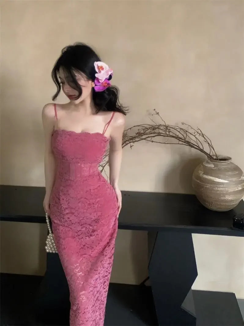 Rose Red Hollow Lace Suspender Dress for in Summer Waisthugging Skirt