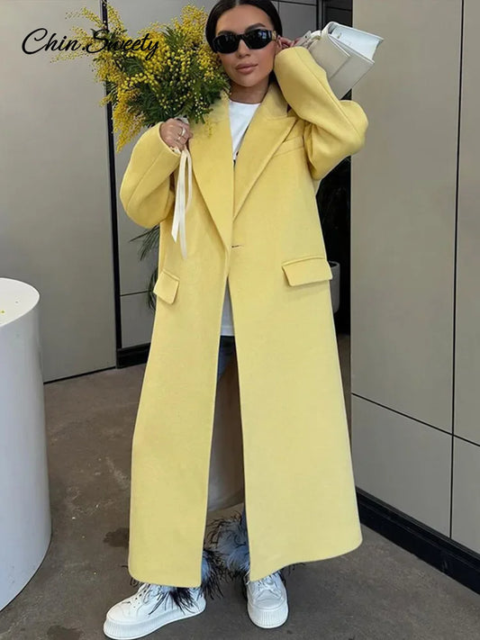Woolen Long Coat Autumn Full Sleeve Button Fake Pocket Split Yellow Overcoat Oversize New in Outwear
