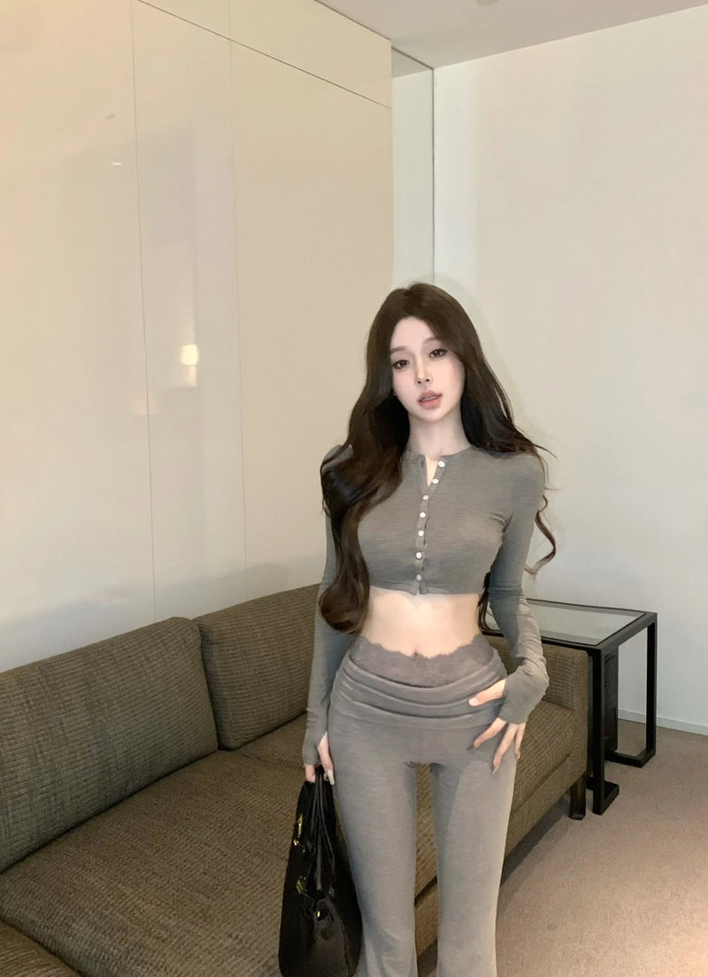 French Sweet Hot Girl Suit Spring Slim Fit Oneck Short Top High Waist Flare Pants Twopiece Set Female Clothes