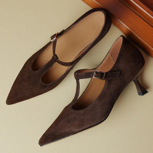 Natural Suede Leather Thin High Heel Pointed Toe Pumps Spring Autumn New Heeled Retro Heeled Shoes