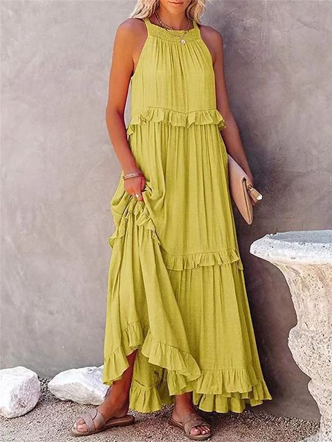 Summer Vacation Style Halter Neck Long Dresses Backless Leace-up Loose Ruffles Beach Dress Vestidos