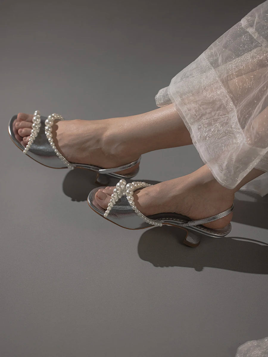 Pearls Edge Open Toe Sandals Block Heels Back Straps Shallow Summer Sandal Dress Party Rubber Sole Shoes