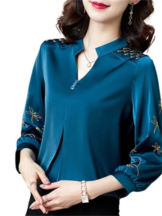 Spring Summer Blouses Shirts Lady Three Quartz Sleeve V-neck Embroidery Blusas Tops