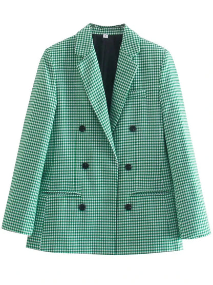 Autumn Plaid Blazer for Office Outfits New in Jacket Double Breasted Coat Oversized Blazer De Mujer