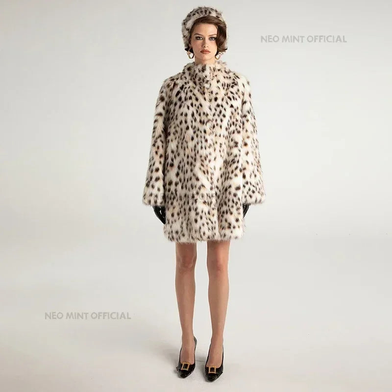 Winter Brown Leopard Fluffy Faux Fur Coat Stand Fur Collar Fox Fur Outerwear Jacket Female Overcoats