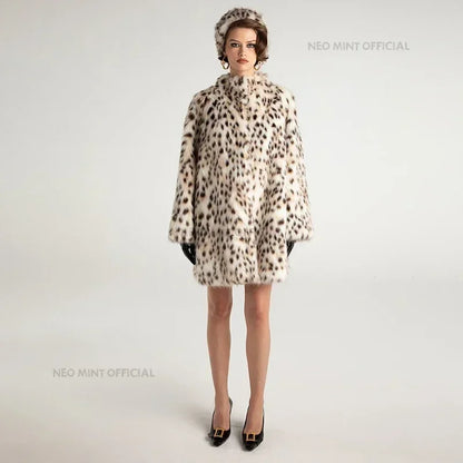 Winter Brown Leopard Fluffy Faux Fur Coat Stand Fur Collar Fox Fur Outerwear Jacket Female Overcoats