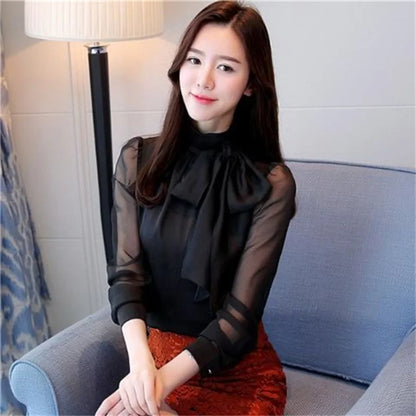 New Summer Tunic Blouse Shirts Long Sleeve Tie Bow Chiffon Turtleneck Formal White Black Shirts Df4905