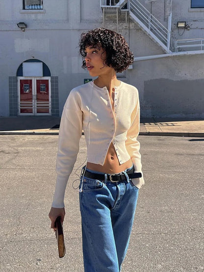 Knitted O-neck Cardigan Slim Fit Single-breasted Pullover Sweaters Female Autumn Simple Street Tops
