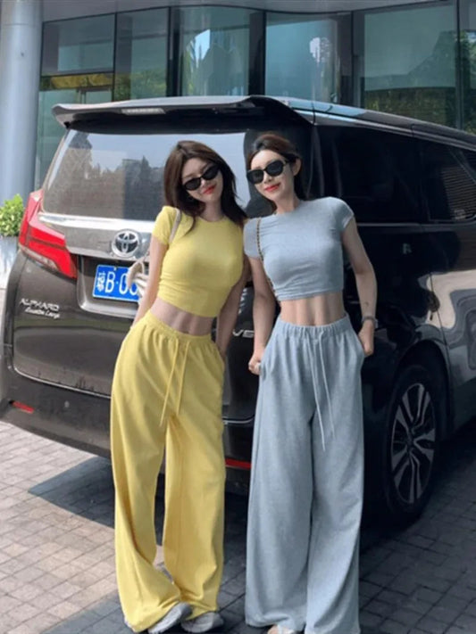 Sweet Hot Girl Suit Summer Slim Fit Oneck Shortsleeved Tshirt Wide Leg Long Pants Twopiece Set Female Clothes
