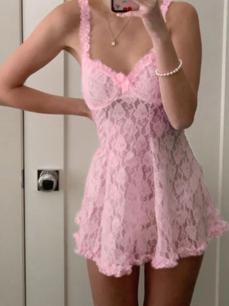 Y2k Aesthetic Lace Dress Pink Sleeveless a Line Lolita Japanese Mini Dresses Beach Party Outfit Kawaii Clothes Hot 90s