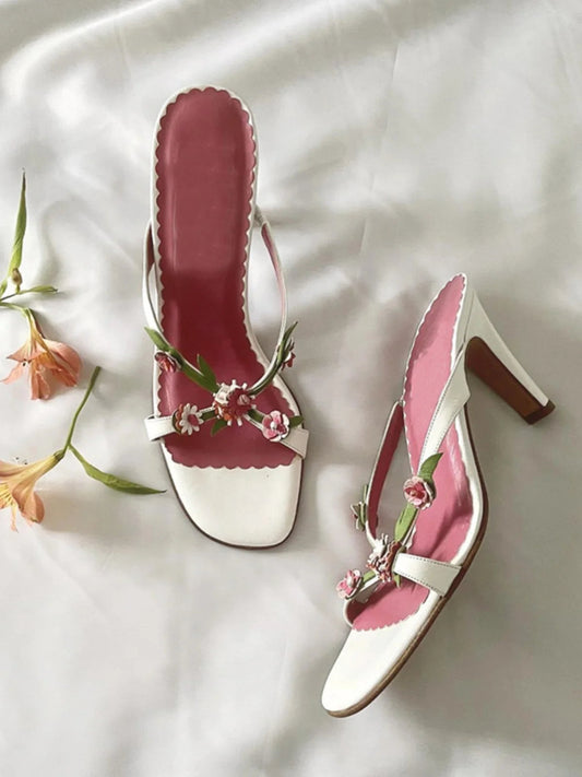 Handmade Flower High Heels 2000s Sweet Slide Strapless Sandal Heels on Off Shoes Shoes