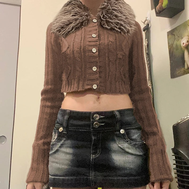 Y2k Brown Buttons Crop Sweater With Detachable Fur Collar Autumn 2000s Knitted Cardigan Slim Winter Outfits