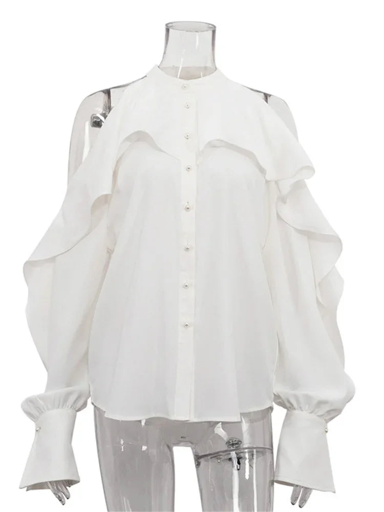 White Ruffled Shirts Top for Patchwork Off-shoulder High Waist Female Summer Blouse