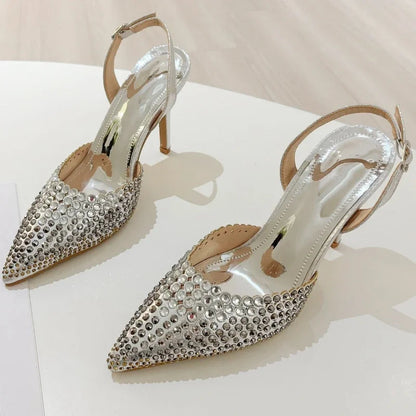 Rhinestones Pointed Toe Thin High Heels Hollow Buckle Designer Brand Sandals Female Banquet Party Shoes
