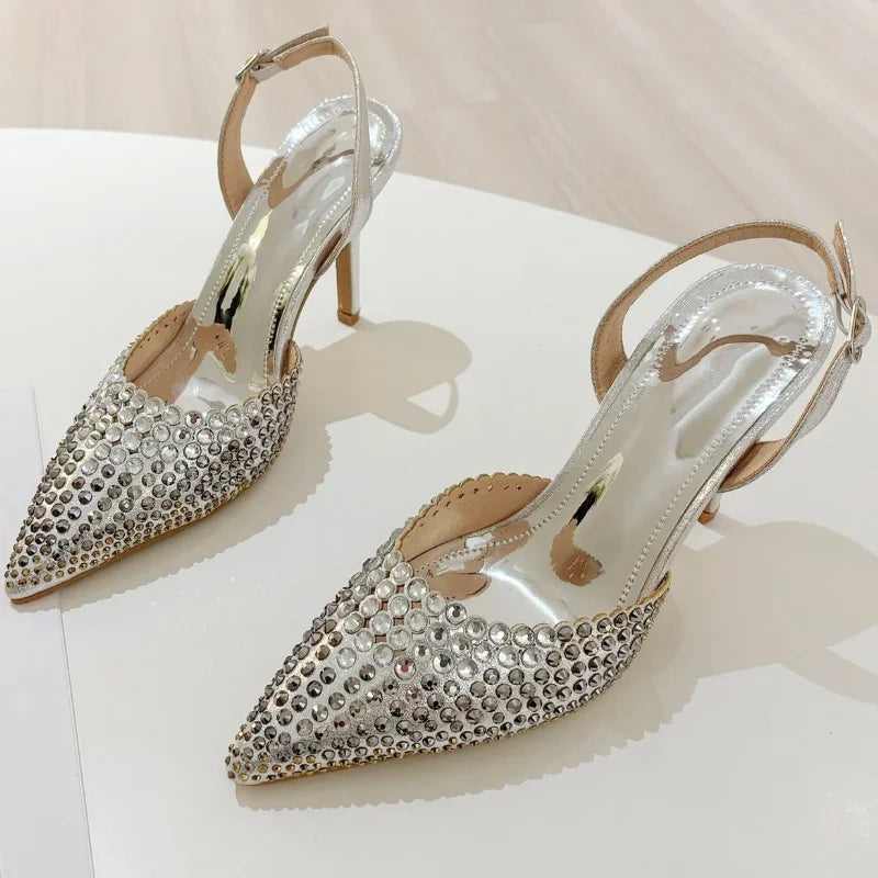 Rhinestones Pointed Toe Thin High Heels Hollow Buckle Designer Brand Sandals Female Banquet Party Shoes
