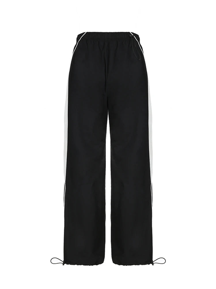 American Retro Straight Leg Track Pants Side Contrast Patchwork Elastic Waist Hippie Jogging Trousers