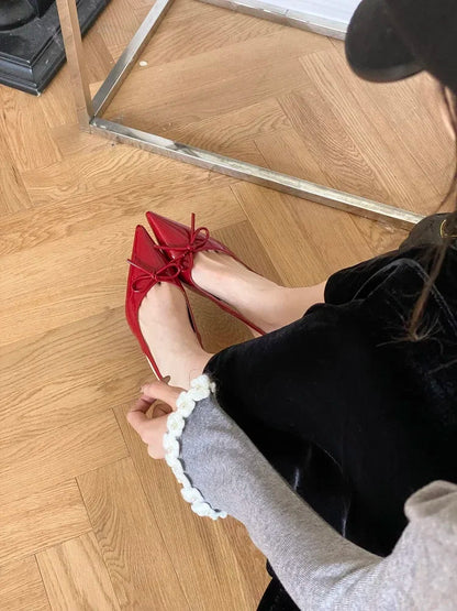 New Style Thin Low Heels Butterflyknot Woman Pumps Pointed Toe Buckle Strap Party Wedding Female Shoes