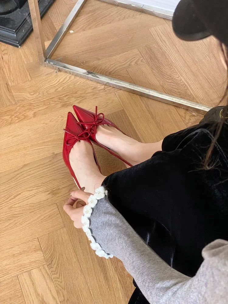 New Style Thin Low Heels Butterflyknot Woman Pumps Pointed Toe Buckle Strap Party Wedding Female Shoes