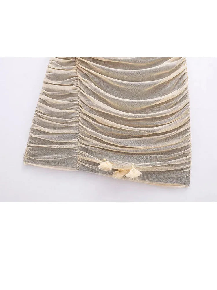 Summer Female Slip Mini Dress Mesh Ruched Sleeveless Dresses Female Backless Slim Dress
