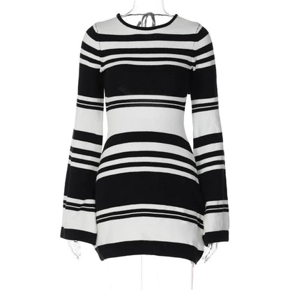 Knitted Backless Dress for Autumn Slim Color Block Mini Dresses Holiday Lace Up High Waist Dress Woman