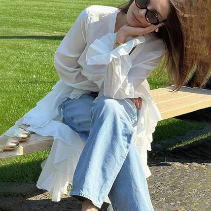 Ruffles V-neck Long Sleeve Blouse