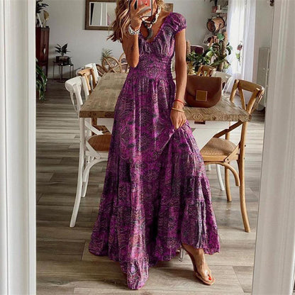 Print Long Dresses V-neck Elastic Waist Short Sleeves Vacation Style Dress Female Vestidos