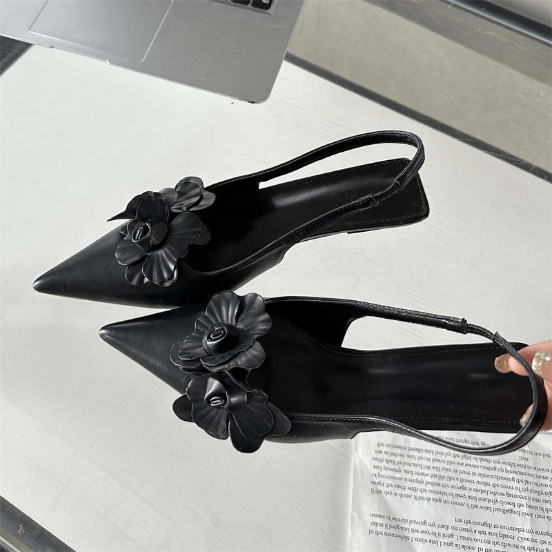 Flower Pointed Toe Thin Low Heels Pumps Wedding Slingback Shoes Mules Zapatos De Mujer