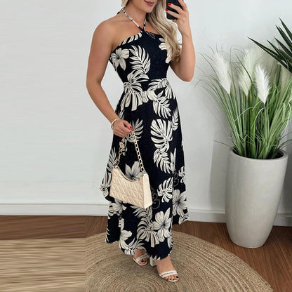 Halter Hollow Sleeveless Holiday Dress New Summer Print Ruffle Long Dress Backless Slim Party Dresses