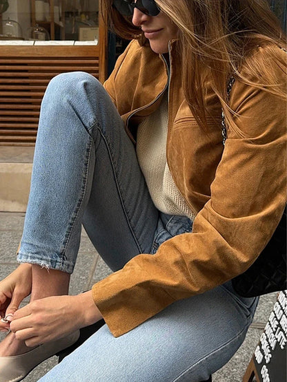 Stand Collar Suede Leather Jacket Coat Zipper Retro Long Sleeved Biker Jackets Loose Front Shoulder Short Outwear